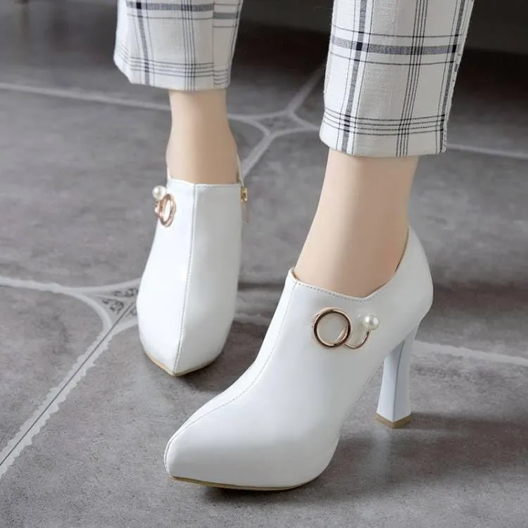 Women Glossy Patent Pointed Toe High Spool Heels with Pearls