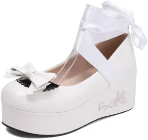 Women Platform Bow Gothic Mary Jane Creepers Wedge Heels with Ribands