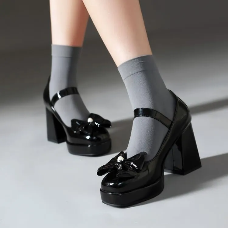 Women Platform Bow Mary Jane Pumps Shoes Glossy Patent Chunky High Heels
