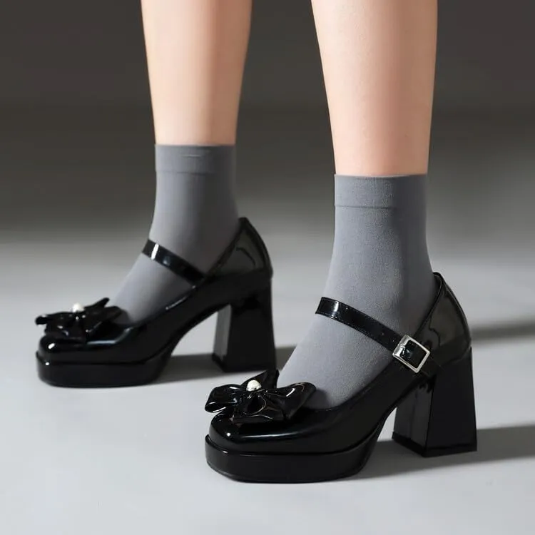 Women Platform Bow Mary Jane Pumps Shoes Glossy Patent Chunky High Heels
