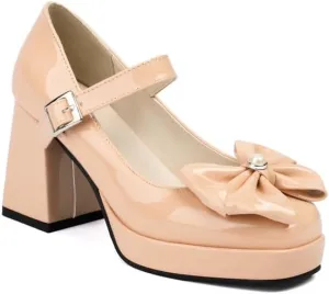 Women Platform Bow Mary Jane Pumps Shoes Glossy Patent Chunky High Heels