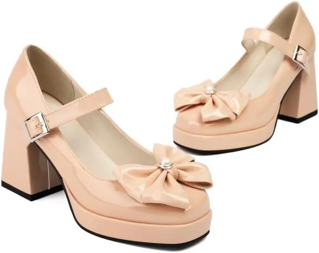 Women Platform Bow Mary Jane Pumps Shoes Glossy Patent Chunky High Heels