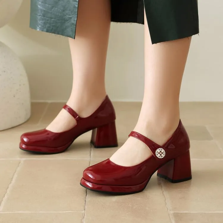 Women Platform Mary Jane Pumps Shoes Glossy Patent Chunky High Heels