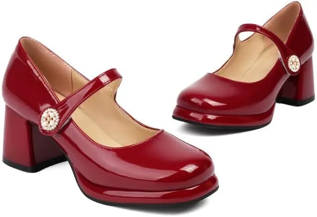 Women Platform Mary Jane Pumps Shoes Glossy Patent Chunky High Heels