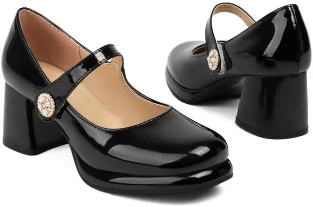Women Platform Mary Jane Pumps Shoes Glossy Patent Chunky High Heels