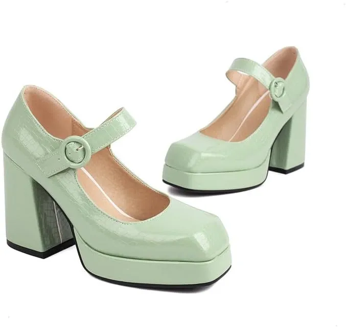 Women Platform Mary Jane Pumps Shoes Glossy Patent Square Toe Chunky High Heels