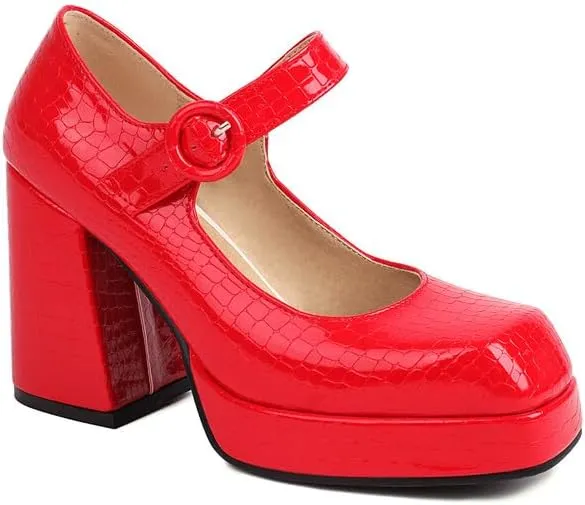 Women Platform Mary Jane Pumps Shoes Glossy Patent Square Toe Chunky High Heels