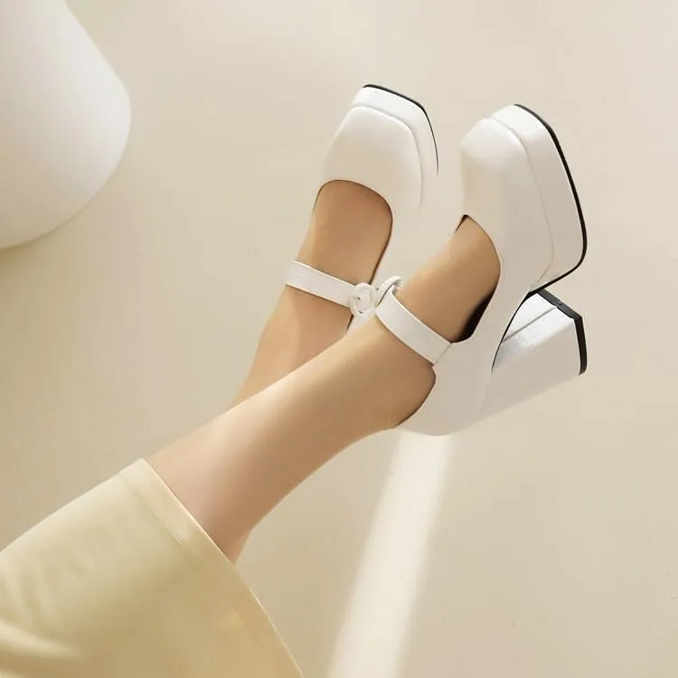 Women Platform Mary Jane Pumps Shoes Glossy Patent Square Toe Chunky High Heels