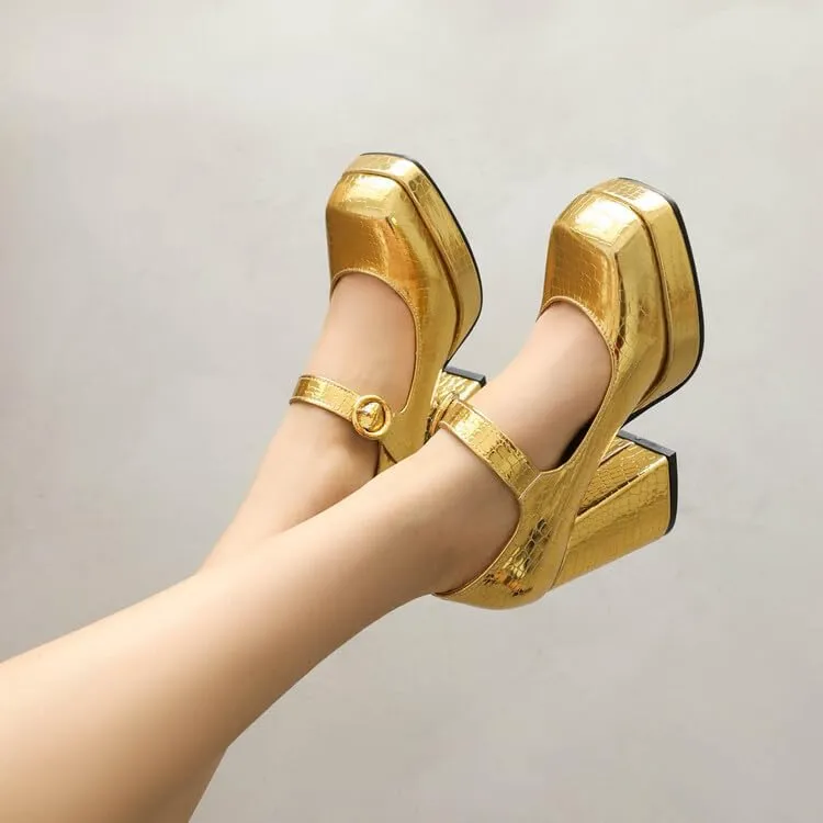 Women Platform Mary Jane Pumps Shoes Glossy Patent Square Toe Chunky High Heels
