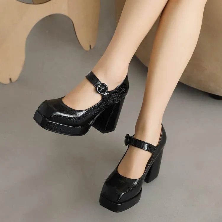 Women Platform Mary Jane Pumps Shoes Glossy Patent Square Toe Chunky High Heels