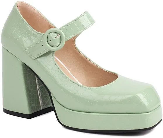 Women Platform Mary Jane Pumps Shoes Glossy Patent Square Toe Chunky High Heels