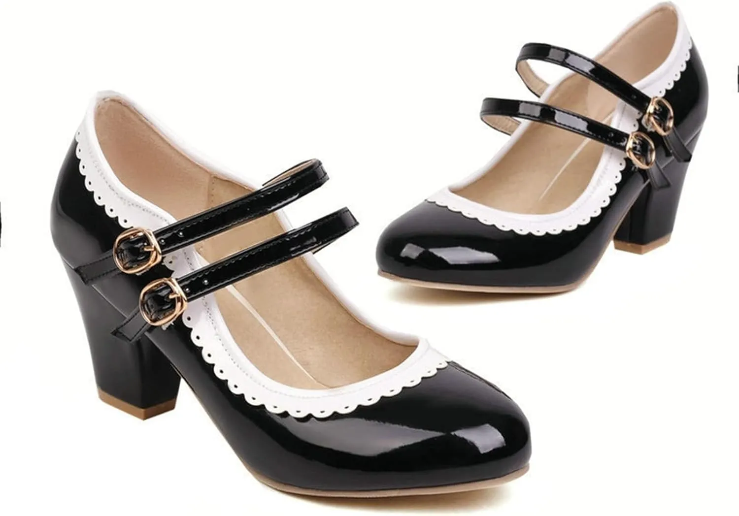 Women Round Toe Mary Jane Pumps Chunky Block High Heel Double Ankle Strap Sweet Dress Dating Shoes