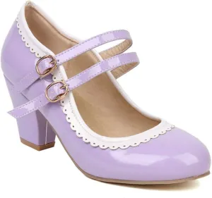 Women Round Toe Mary Jane Pumps Chunky Block High Heel Double Ankle Strap Sweet Dress Dating Shoes