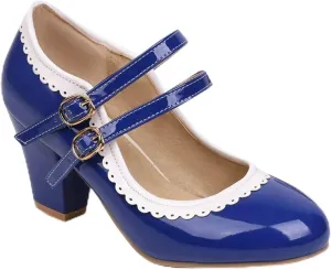 Women Round Toe Mary Jane Pumps Chunky Block High Heel Double Ankle Strap Sweet Dress Dating Shoes