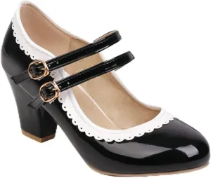 Women Round Toe Mary Jane Pumps Chunky Block High Heel Double Ankle Strap Sweet Dress Dating Shoes