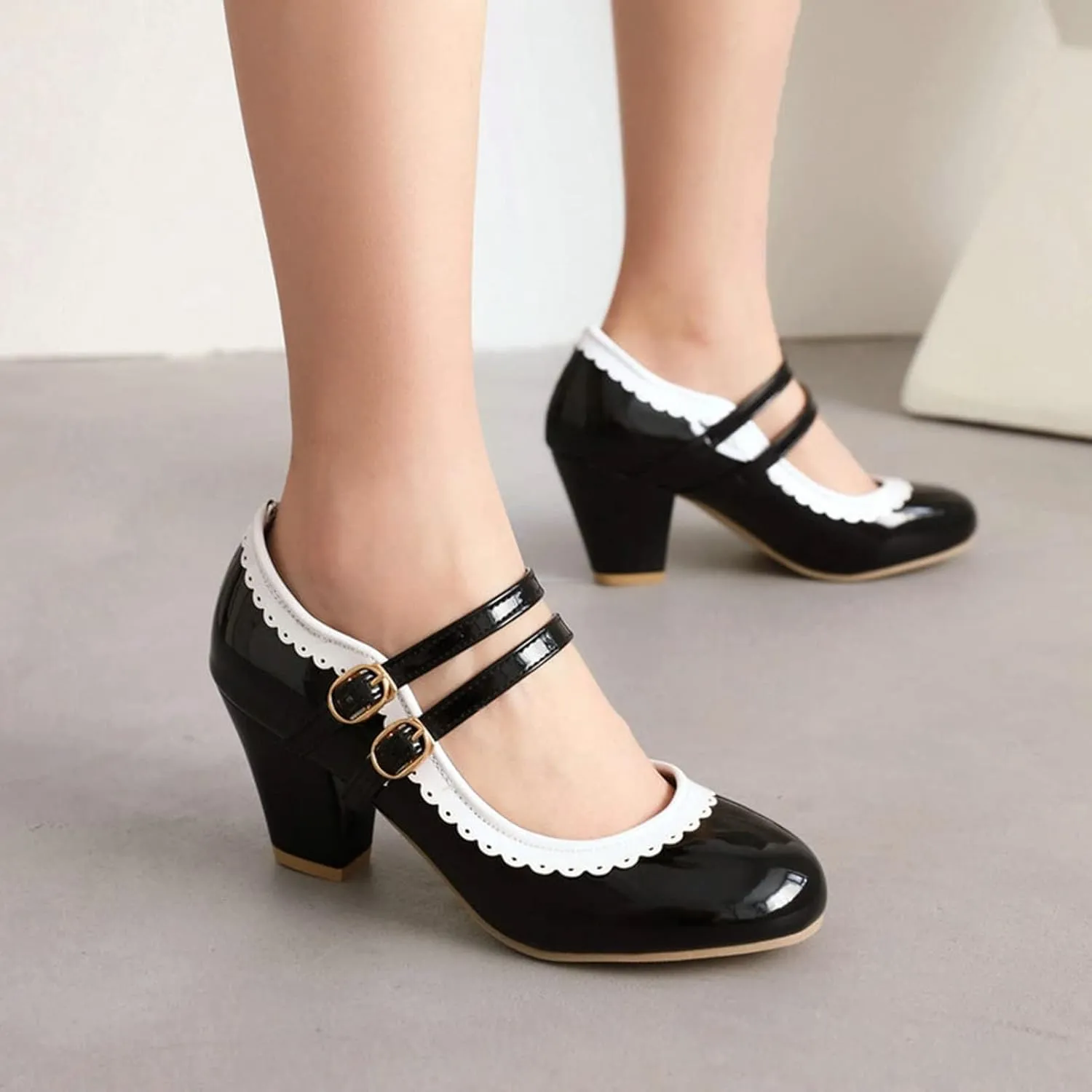 Women Round Toe Mary Jane Pumps Chunky Block High Heel Double Ankle Strap Sweet Dress Dating Shoes