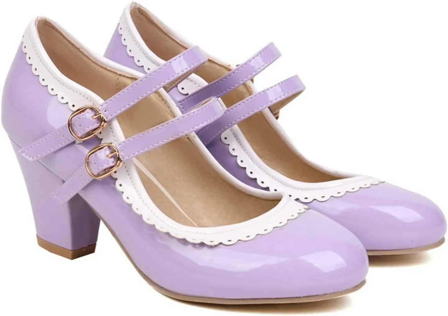 Women Round Toe Mary Jane Pumps Chunky Block High Heel Double Ankle Strap Sweet Dress Dating Shoes