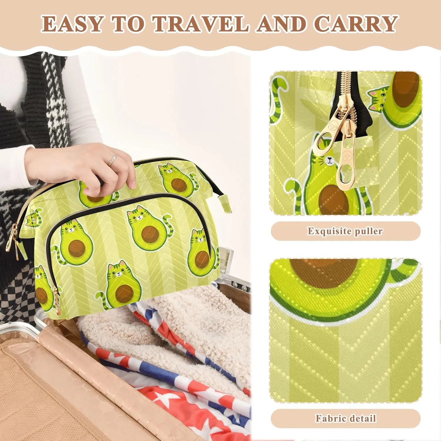 Women Wave Quilt Cosmetic Bag, Storage Pouch Handbag Makeup Case Zipper Toiletry Purse Holder Organizer 10.2x5.9x6.7 in Cute Cartoon Avocados with Cat Muzzle, Ears and Tail Green Style
