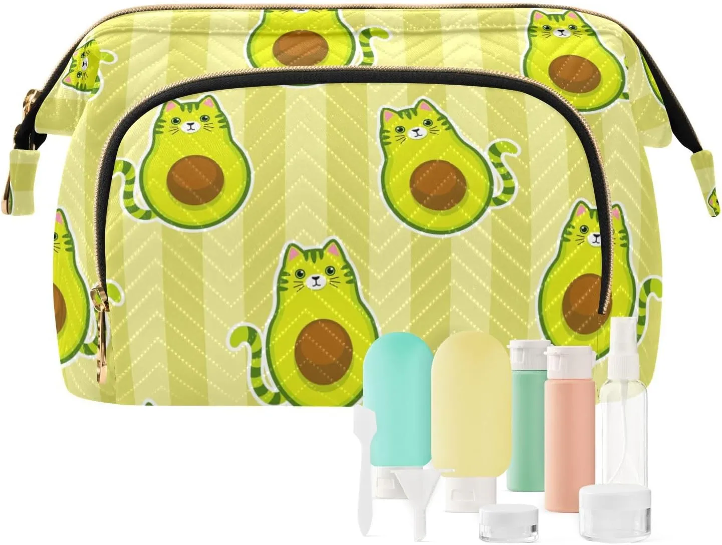 Women Wave Quilt Cosmetic Bag, Storage Pouch Handbag Makeup Case Zipper Toiletry Purse Holder Organizer 10.2x5.9x6.7 in Cute Cartoon Avocados with Cat Muzzle, Ears and Tail Green Style