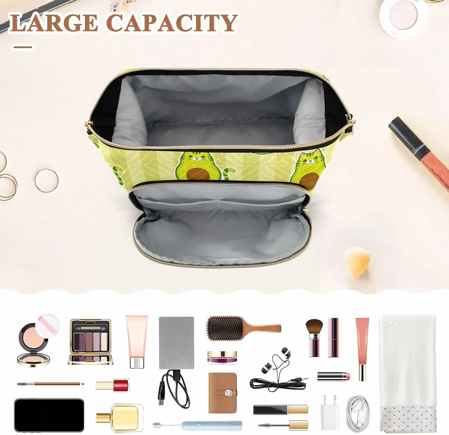 Women Wave Quilt Cosmetic Bag, Storage Pouch Handbag Makeup Case Zipper Toiletry Purse Holder Organizer 10.2x5.9x6.7 in Cute Cartoon Avocados with Cat Muzzle, Ears and Tail Green Style
