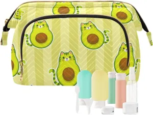 Women Wave Quilt Cosmetic Bag, Storage Pouch Handbag Makeup Case Zipper Toiletry Purse Holder Organizer 10.2x5.9x6.7 in Cute Cartoon Avocados with Cat Muzzle, Ears and Tail Green Style