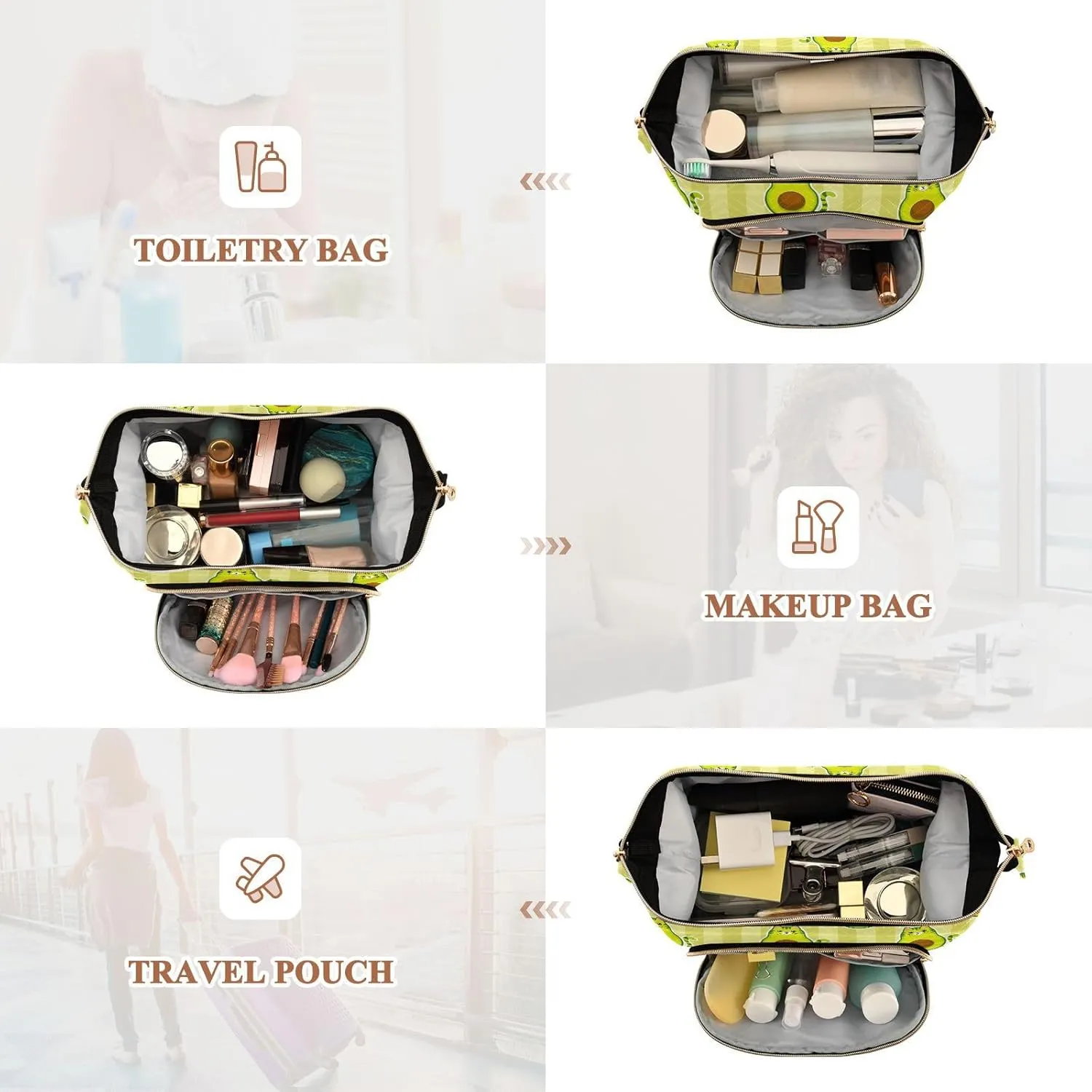 Women Wave Quilt Cosmetic Bag, Storage Pouch Handbag Makeup Case Zipper Toiletry Purse Holder Organizer 10.2x5.9x6.7 in Cute Cartoon Avocados with Cat Muzzle, Ears and Tail Green Style