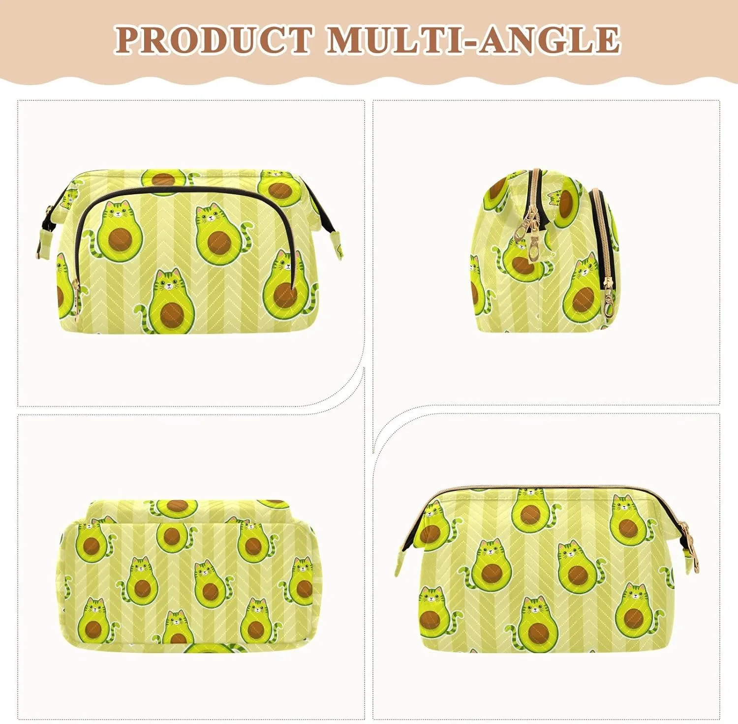 Women Wave Quilt Cosmetic Bag, Storage Pouch Handbag Makeup Case Zipper Toiletry Purse Holder Organizer 10.2x5.9x6.7 in Cute Cartoon Avocados with Cat Muzzle, Ears and Tail Green Style