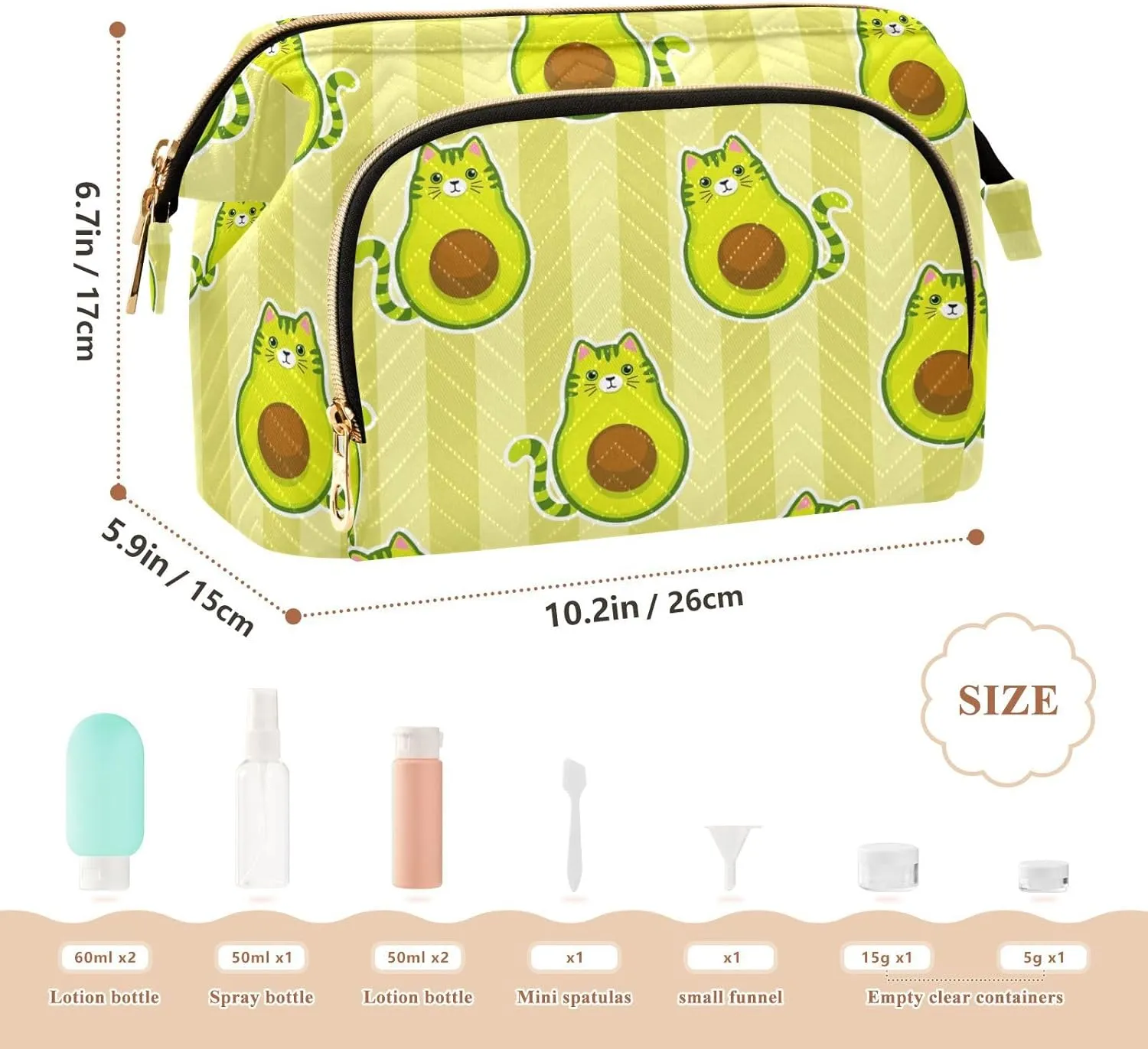 Women Wave Quilt Cosmetic Bag, Storage Pouch Handbag Makeup Case Zipper Toiletry Purse Holder Organizer 10.2x5.9x6.7 in Cute Cartoon Avocados with Cat Muzzle, Ears and Tail Green Style