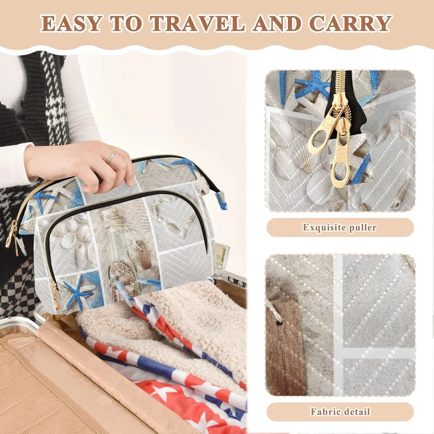 Women Wave Quilt Cosmetic Bag, Zipper Toiletry Storage 10.2x5.9x6.7 in, Pouch Handbag Makeup Case Purse Holder Organizer Print Seashell Starfish Drift Bottle Lighthouse Boat