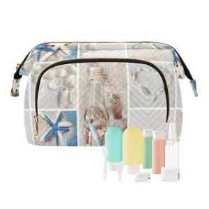 Women Wave Quilt Cosmetic Bag, Zipper Toiletry Storage 10.2x5.9x6.7 in, Pouch Handbag Makeup Case Purse Holder Organizer Print Seashell Starfish Drift Bottle Lighthouse Boat