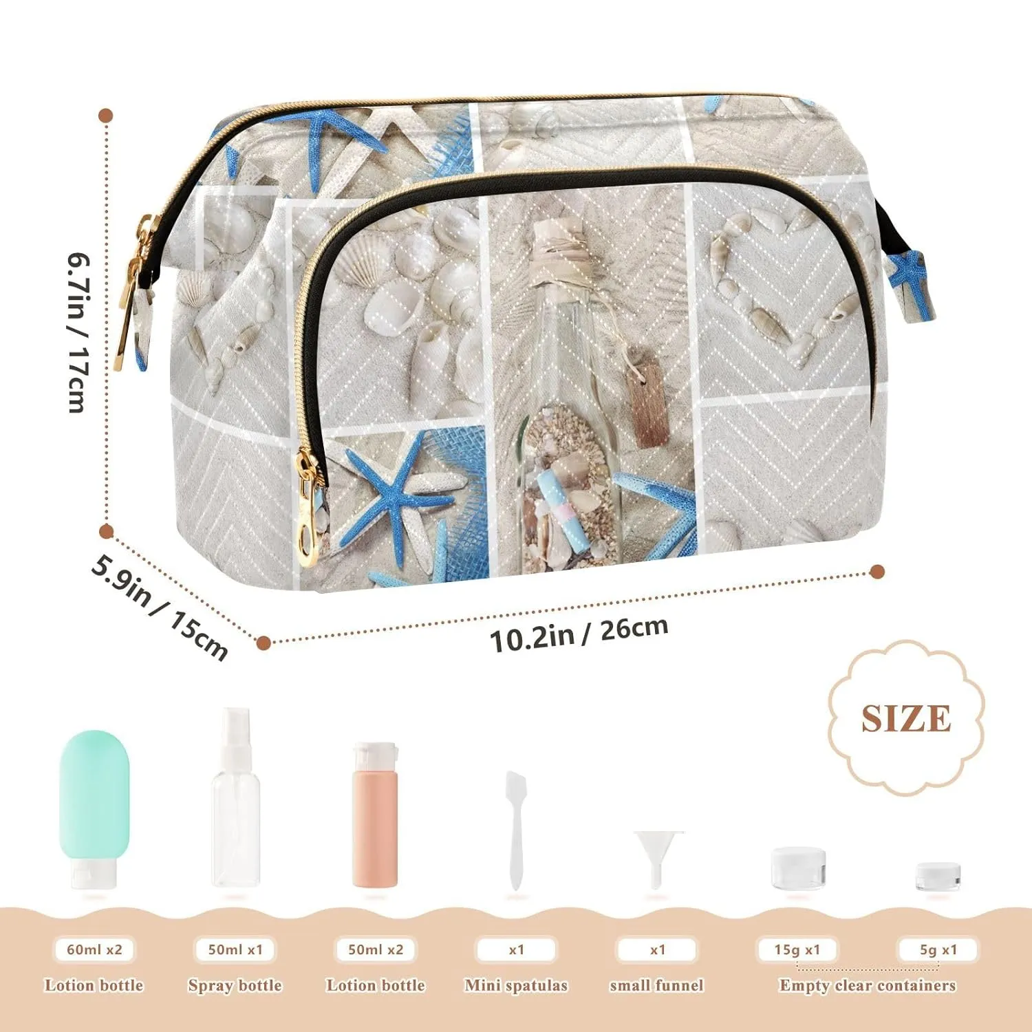 Women Wave Quilt Cosmetic Bag, Zipper Toiletry Storage 10.2x5.9x6.7 in, Pouch Handbag Makeup Case Purse Holder Organizer Print Seashell Starfish Drift Bottle Lighthouse Boat