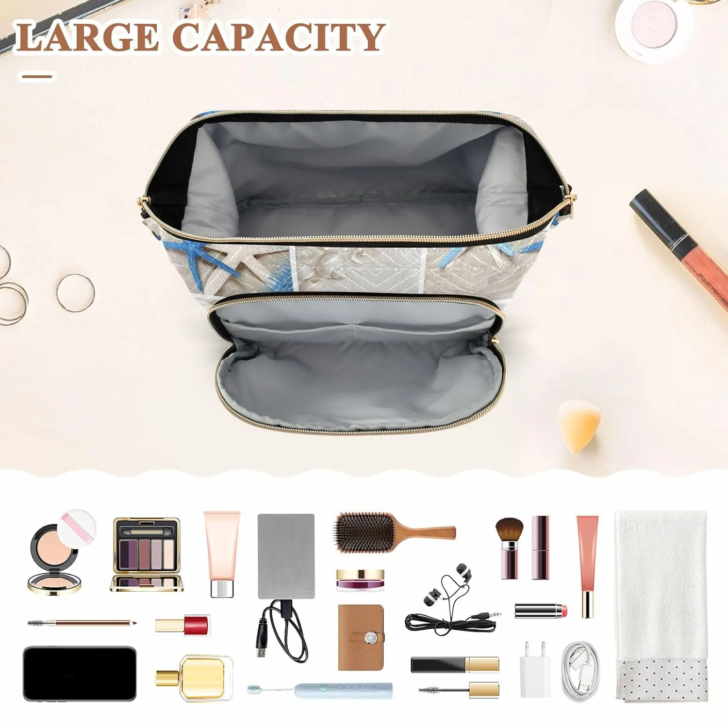 Women Wave Quilt Cosmetic Bag, Zipper Toiletry Storage 10.2x5.9x6.7 in, Pouch Handbag Makeup Case Purse Holder Organizer Print Seashell Starfish Drift Bottle Lighthouse Boat