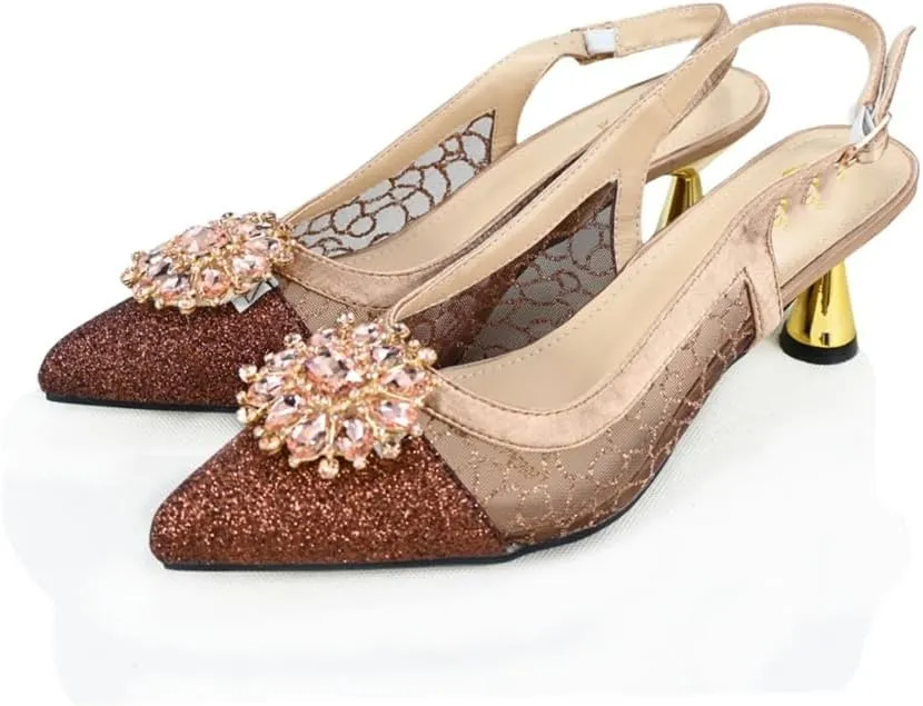 Women’S Appliques Shinning Crystal Shoes and Bag Set Pointed Toe Spike Heels Buckle Strap