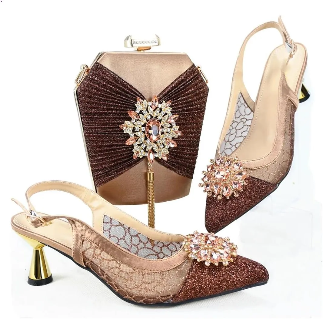 Women’S Appliques Shinning Crystal Shoes and Bag Set Pointed Toe Spike Heels Buckle Strap