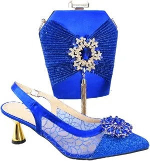 Women’S Appliques Shinning Crystal Shoes and Bag Set Pointed Toe Spike Heels Buckle Strap