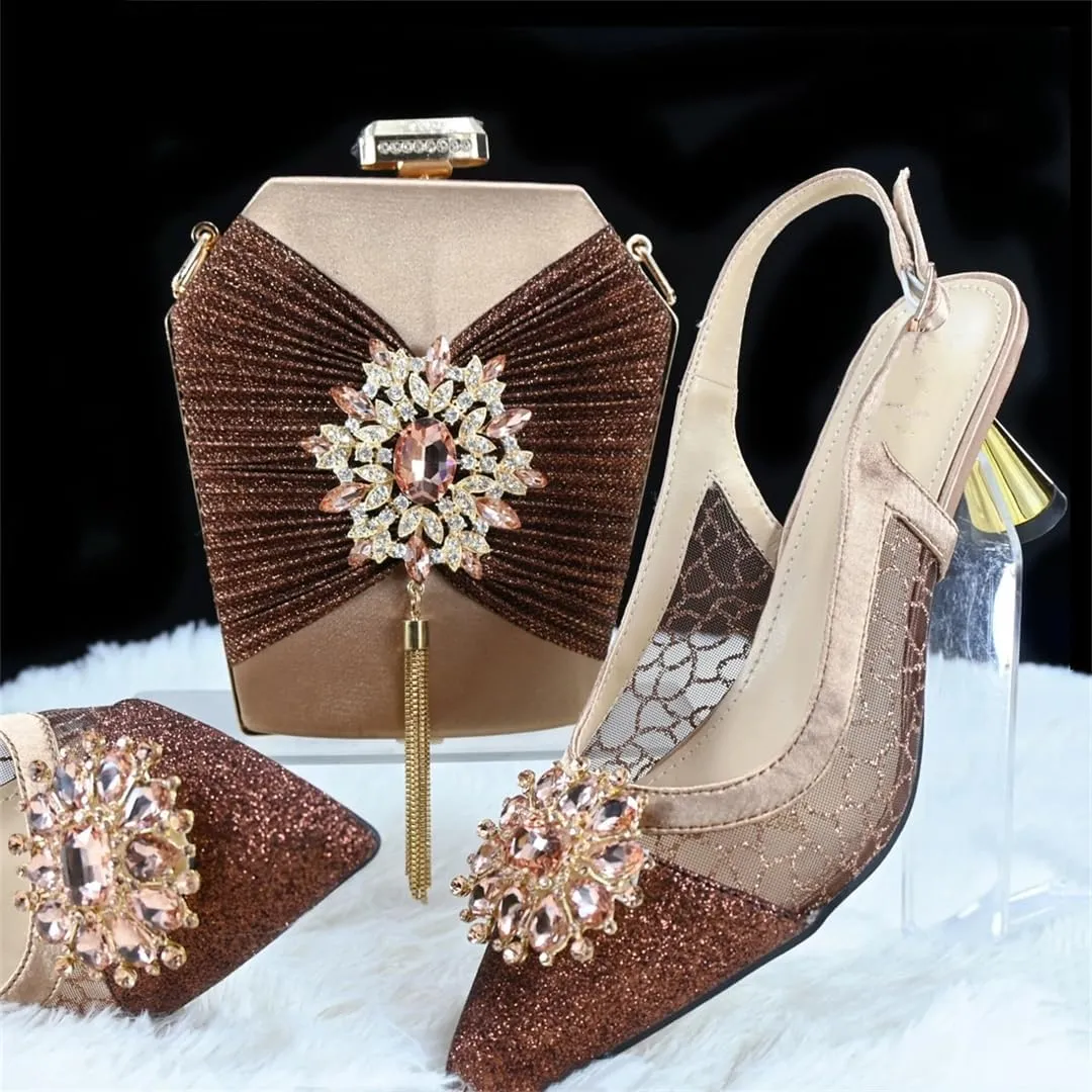 Women’S Appliques Shinning Crystal Shoes and Bag Set Pointed Toe Spike Heels Buckle Strap