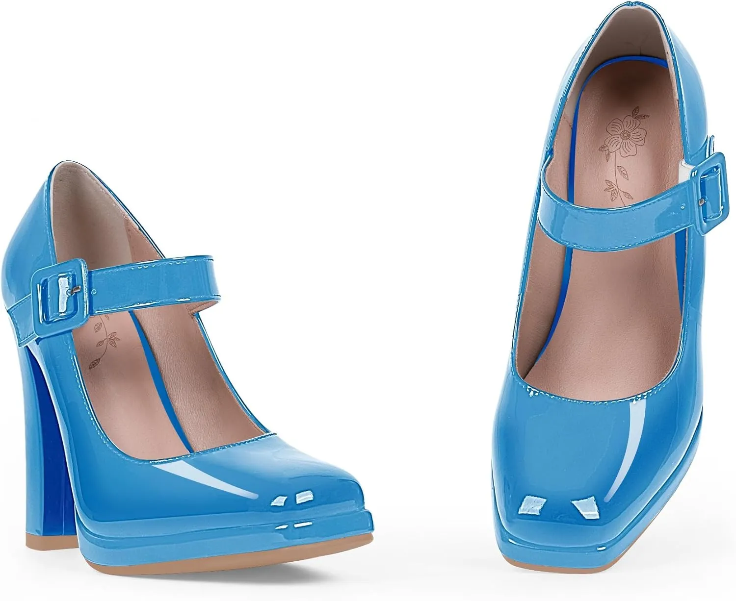 Women's Block High Heel Platform Mary Janes Shoes Buckle Strappy Square Toe Dress Pumps
