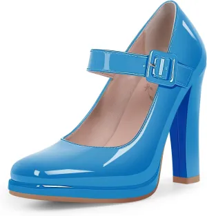 Women's Block High Heel Platform Mary Janes Shoes Buckle Strappy Square Toe Dress Pumps