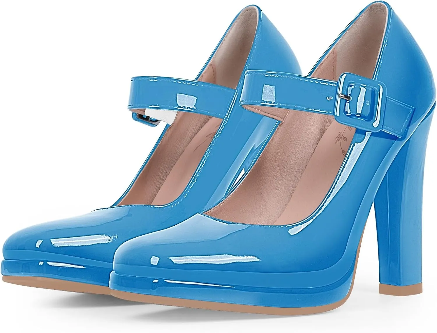 Women's Block High Heel Platform Mary Janes Shoes Buckle Strappy Square Toe Dress Pumps