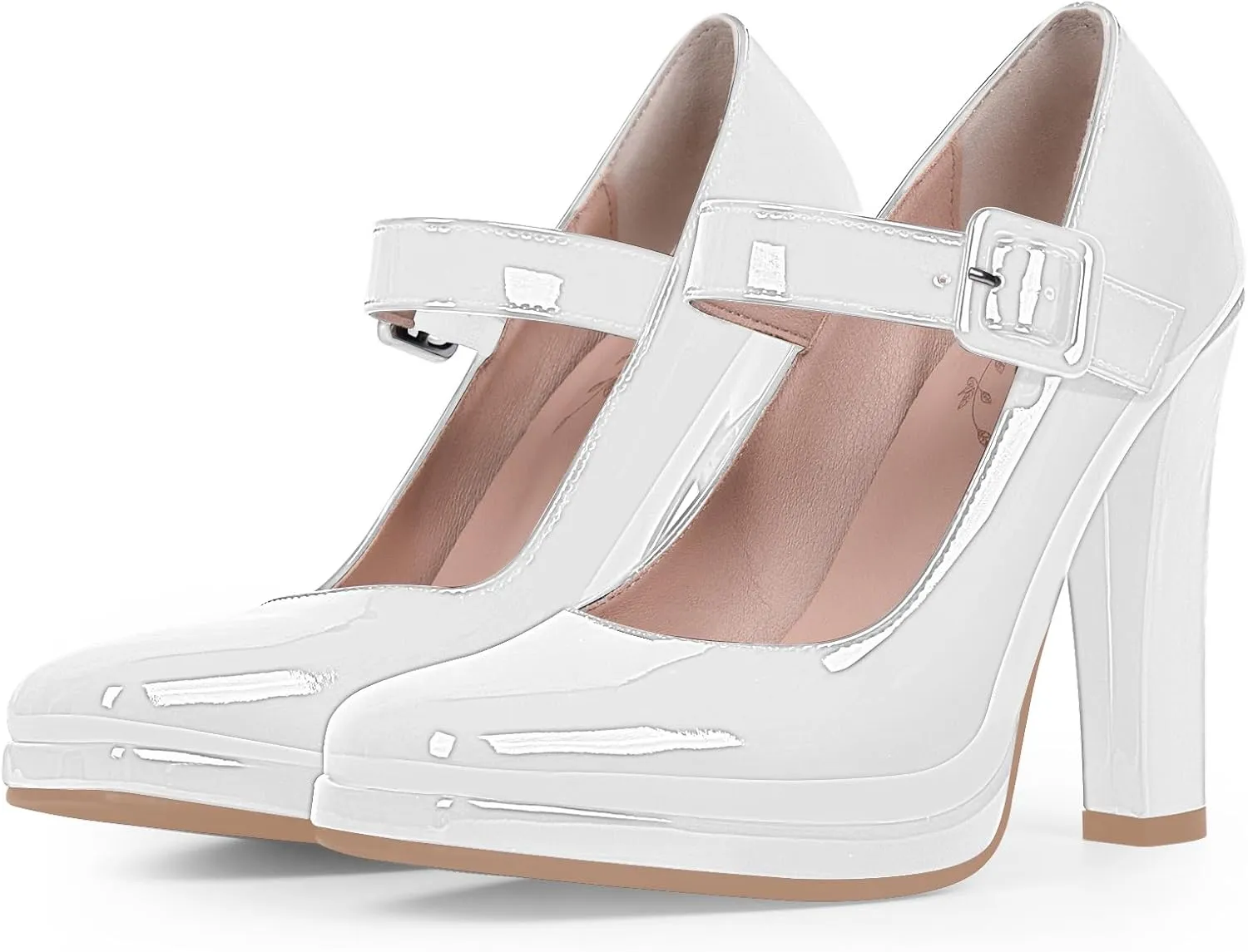 Women's Block High Heel Platform Mary Janes Shoes Buckle Strappy Square Toe Dress Pumps