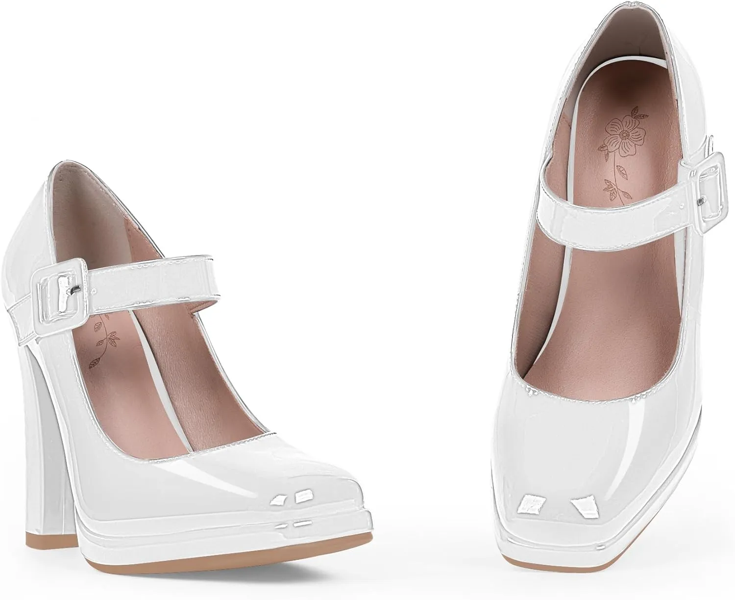 Women's Block High Heel Platform Mary Janes Shoes Buckle Strappy Square Toe Dress Pumps