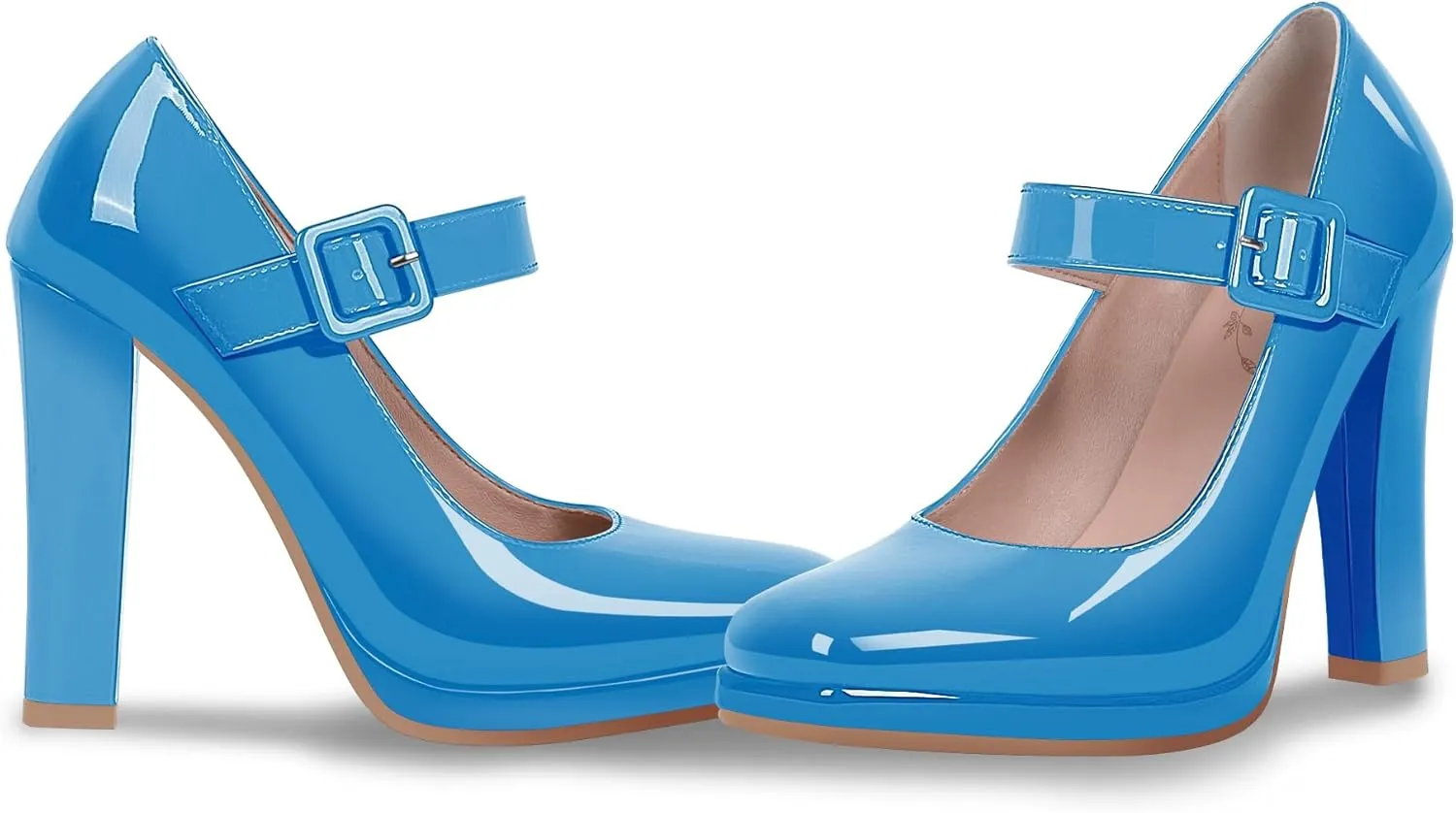 Women's Block High Heel Platform Mary Janes Shoes Buckle Strappy Square Toe Dress Pumps