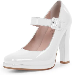 Women's Block High Heel Platform Mary Janes Shoes Buckle Strappy Square Toe Dress Pumps