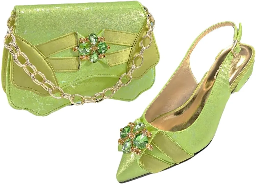 Women’S Blue Rhinestone Low Heels and Matching Bag Set with Square Heel for Elegant Weddings