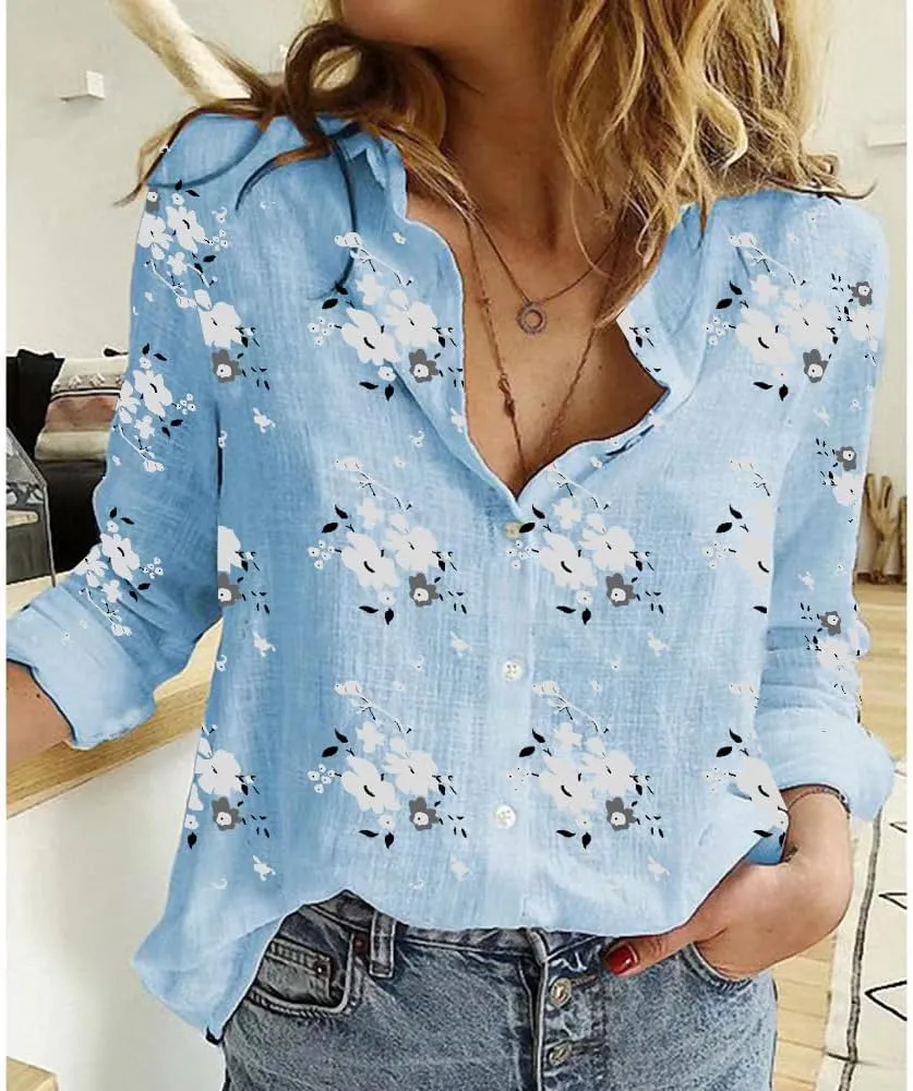 Womens Boho Floral Cotton Linen Shirt V Neck Button Down Roll Up Long Sleeve Lapel Blouse Tops 2025