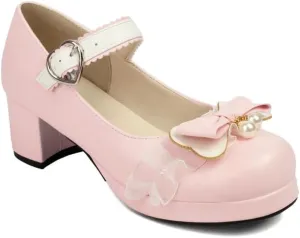 Women's Bow Pearl Chunky Heel Platform Pumps High Heels Mary Jane Lolita Shoes