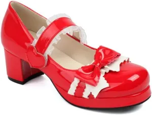 Women's Bow Tie Chunky Heel Platform Pumps High Heels Mary Jane Lolita Shoes