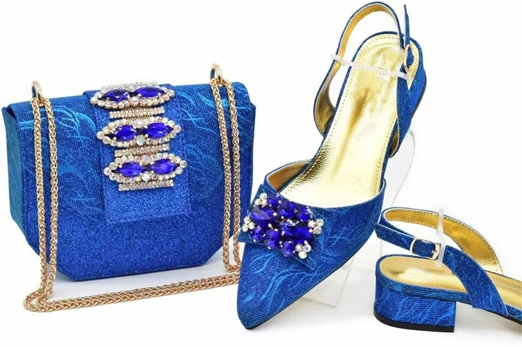 Women's Chic Medium Heel Hoof Toe Pump and Clutch Set with Crystal Accents for Party Wear