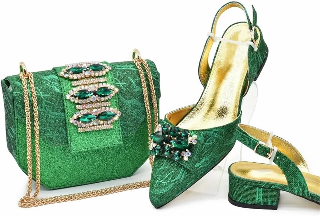 Women's Chic Medium Heel Hoof Toe Pump and Clutch Set with Crystal Accents for Party Wear