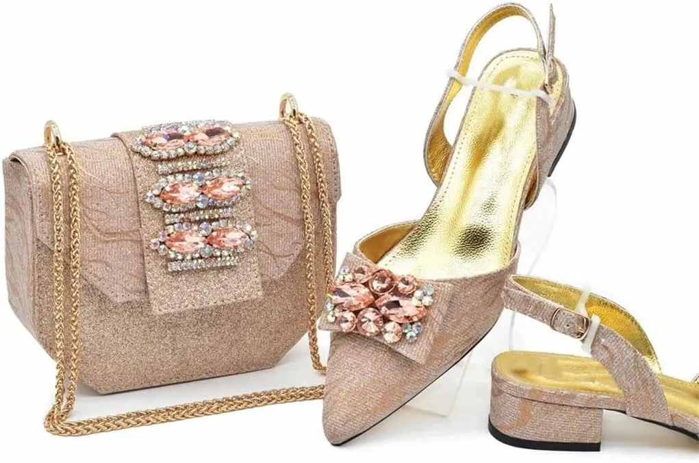 Women's Chic Medium Heel Hoof Toe Pump and Clutch Set with Crystal Accents for Party Wear